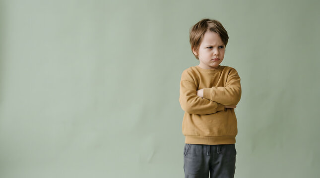 Adorable upset boy with arms crossed and a grumpy expression, isolated against a soft green background, conveying frustration and childhood emotions