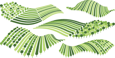 Abstract Farmland Pattern Collection with Tree Rows and Wavy Agricultural Fields in Flat Vector Style, Green Landscape Illustration Set for Farming Design © munzuara
