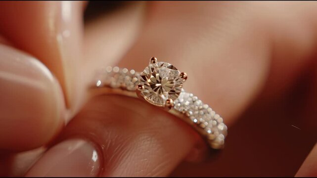 Close-up of a sparkling diamond engagement ring being held.