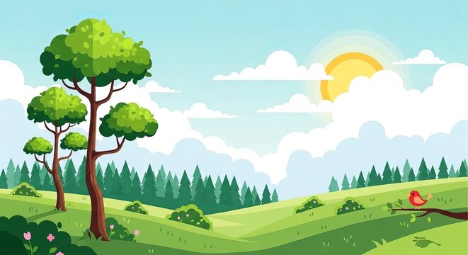 Colorful cartoon landscape with green trees and a bright sunny sky scene