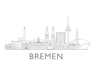 Fototapeta premium Bremen skyline, Germany. Urban cityscape with landmarks and monuments. Hand drawn line art digital skyline illustration in black and white.
