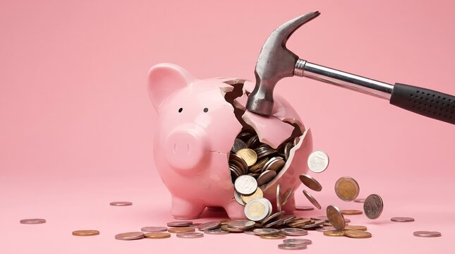 Pink piggy bank smashed by hammer spilling coins across surface.