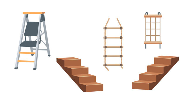 A collection of climbing apparatus featuring a metal step ladder, a hanging rope ladder, and wooden staircase segments arranged on a plain white studio background surface.