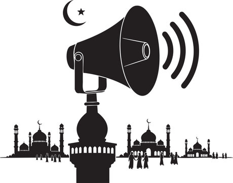 Silhouette of mosque with loudspeaker and crescent moon symbol, loudspeaker