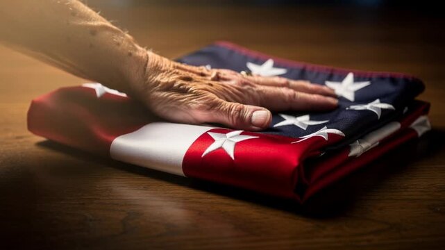 Elderly hand gently touching folded American flag on wooden table symbolizing patriotism and respect