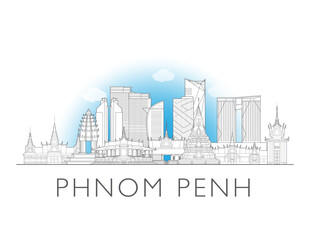 Obraz premium Phnom Penh, skyline, Cambodia. Urban cityscape with landmarks and monuments. Hand drawn line art digital skyline illustration in black and white.