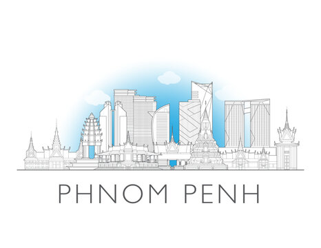 Phnom Penh, skyline, Cambodia. Urban cityscape with landmarks and monuments. Hand drawn line art digital skyline illustration in black and white.