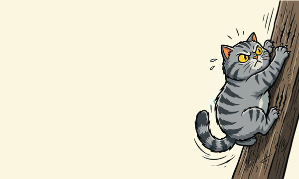 A frightened tabby cat clings desperately to a tree trunk eyes wide with alarm and paws firmly gripping the bark