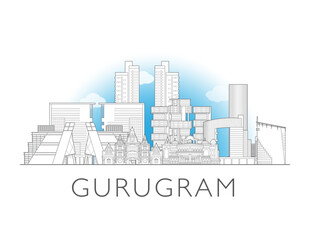 Obraz premium Gurgaon, Gurugram, skyline, India. Urban cityscape with landmarks and monuments. Hand drawn line art digital skyline illustration in black and white.