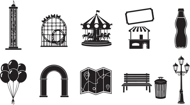 Amusement park icon set featuring rollercoaster carousel map ticket booth balloons and street furniture for fairground design.