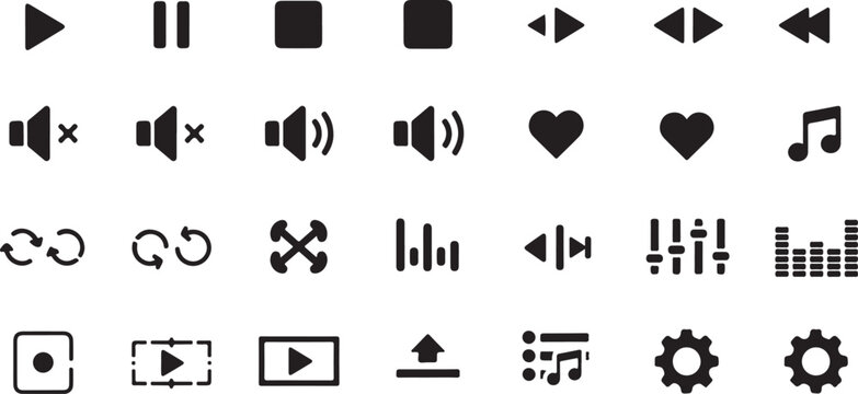 Media player control buttons and music interface symbols set with play pause stop volume heart repeat shuffle and sound wave graphics.