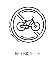 Fototapeta premium Urban cycling restriction, bicycle service icon or symbol. City cycling road rules thin line icon, public pedal transport service linear vector pictogram or symbol with bicycle prohibition road sign