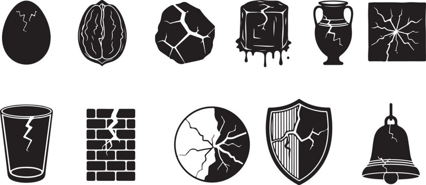 Collection of broken objects and fragile items icons on transparent background, damaged and cracked elements.