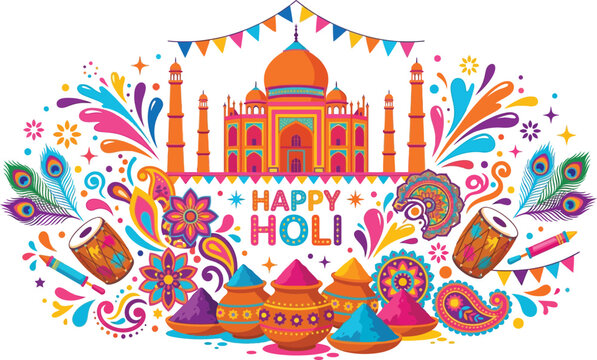 Vibrant illustration celebrating the Hindu festival of Holi with colorful decorations and iconic Taj