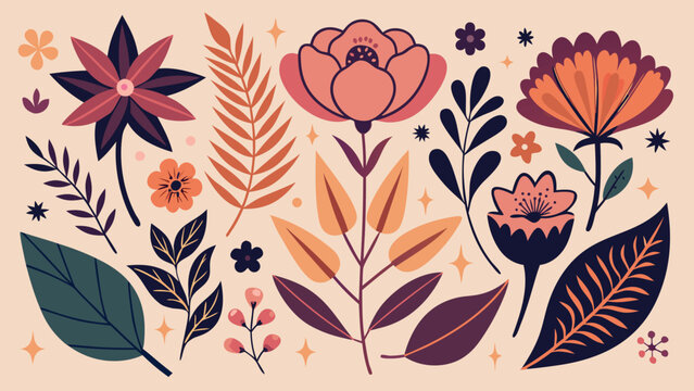 flower and floral shapes silhouette icon set. abstract botanical flower hand drawn icon. botany floral design boho beautiful elements
