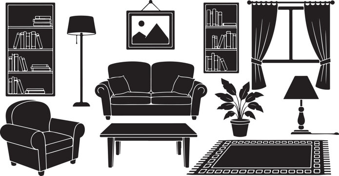 Living room interior furniture set with sofa armchair bookshelf coffee table lamp and decorative rug elements for home decoration.