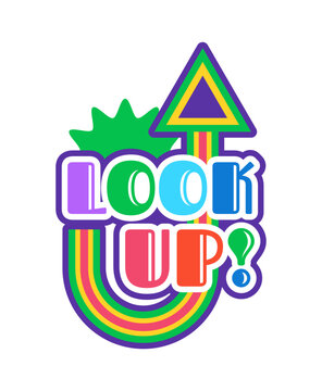 Vintage Y2K groovy look up sticker or funky label. Y2K 2000s vector patch, retro cool label. Vintage nostalgic tag or funky 90s sticker with rainbow arch, colorful typography and up arrow