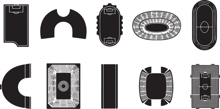 Top view silhouettes of various sports fields and stadiums, including football fields, soccer pitches, and multi-purpose arenas.
