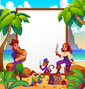 Cheerful human and animal pirate characters with treasures on tropical island photo frame template. Cartoon vector man and woman corsairs, monkey and parrot, treasure chest, gold coins on sea island