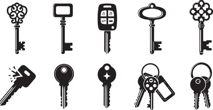 Collection of keys vintage car smart remote and broken key icons for security access and unlocking old and modern locking mechanisms.