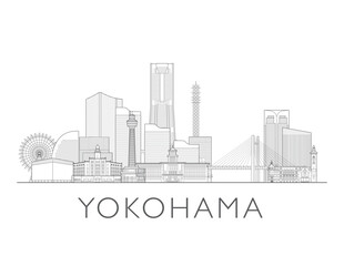 Obraz premium Yokohama skyline, Japan. Urban cityscape with landmarks and monuments. Hand drawn line art digital skyline illustration in black and white.