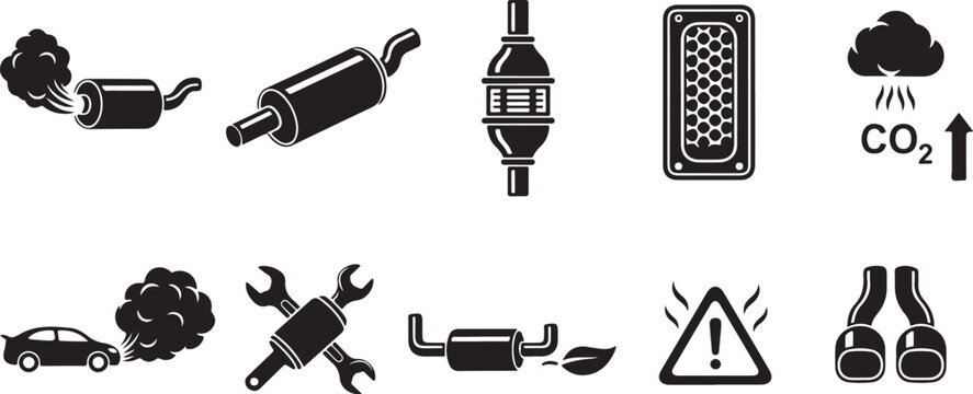 Automotive exhaust system icons including mufflers catalytic converters and car pollution symbols set on transparent background vector.