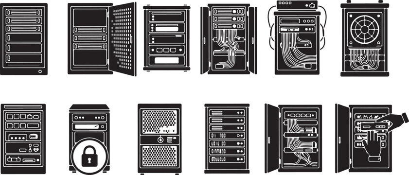 Data center server rack icons and network storage equipment silhouettes collection for information technology on transparent background.