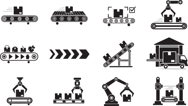 Industrial conveyor belt system with boxes icons. package handling in warehouse. automatic robotic arm at factory production line.