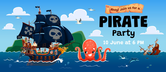Kids pirate party flyer with corsairs sail ship and giant octopus kraken. Kids party flyer or horizontal banner with pirate warship with skulls on black sails, funny kraken sea monster character © Vector Tradition