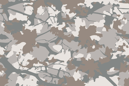 Detailed texture of camouflage fabric with intricate tree branches and foliage.Tree forest camouflage seamless pattern design pattern for hunting and military uniforms. Hunting camouflage.