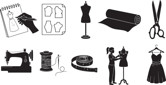 Tailoring and fashion design workspace icons with mannequin sewing machine fabric roll dress sketching pattern cutting and seamstress.