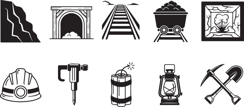 Coal mining industry icons featuring underground tunnel railway tracks heavy equipment explosives safety helmet and manual labor tools.
