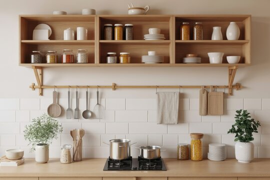 Modern kitchen interior with wooden shelves jars dishes and utensils on wall above stove in clean minimal home space with warm natural light