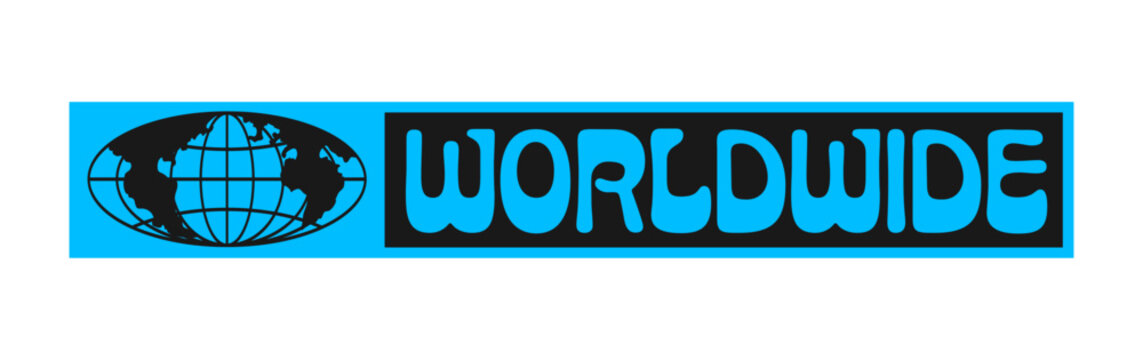 Planet worldwide globe Y2K groovy sticker or patch. Planet groovy Y2K vector terrestrial sphere sticker, Earth wireframe globe patch. World globus label with blue globe and funky typography