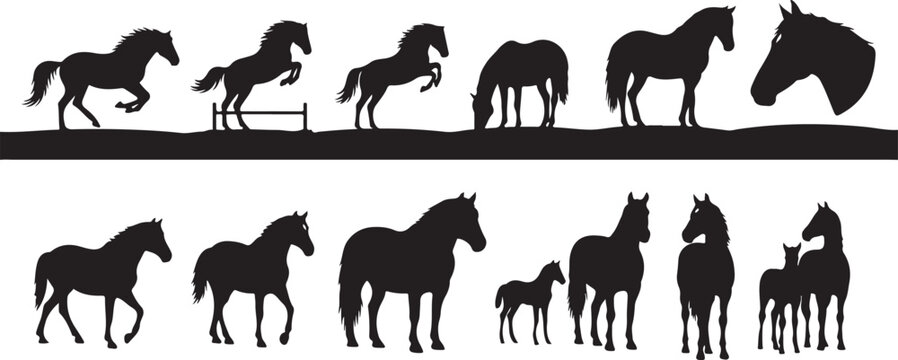 Set of black horse silhouettes in different poses for farm animal vector art graphic collection suitable for ranch branding designs.