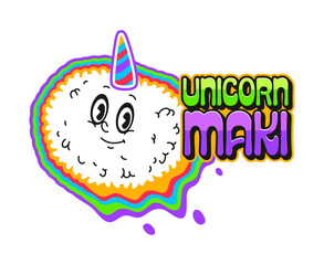 Japan restaurant maki sushi unicorn vintage Y2K sticker or patch. Japanese cuisine gourmet Y2K label, Asian menu dish vector tag. sushi meal sticker with sushi rice ball emoji unicorn character © Vector Tradition