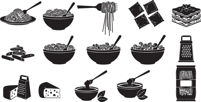 Black silhouette icons set of various italian food and pasta dishes, including lasagna, spaghetti, ravioli, macaroni, and cooking ingredients.