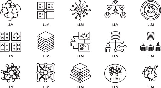 Line art icons set representing large language models and neural networks, with abstract data structures and interconnected nodes.