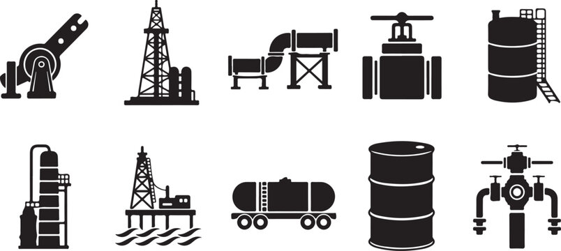 Oil and gas industry icons featuring drilling rigs pipelines storage tanks and refinery infrastructure for energy sector presentations.