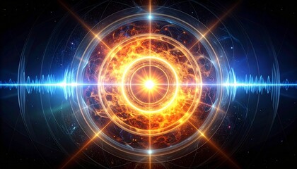 Fototapeta premium Abstract background featuring a glowing golden energy core with vibrant light rays and concentric circles representing powerful sonic waves.