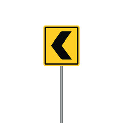 A square yellow road sign with a bold black chevron arrow pointing to the left vector design, mounted on a grey metal pole on a white background. © Fiza