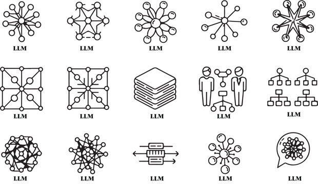 Large language model AI icons vector set featuring network diagrams machine learning structures neural nodes connectivity schemas.