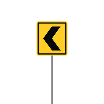 A square yellow road sign with a bold black chevron arrow pointing to the left vector design, mounted on a grey metal pole on a white background.
