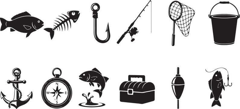 Fishing equipment and marine gear vector icons featuring rods hooks nets buckets anchors compass lures tackle box symbols.