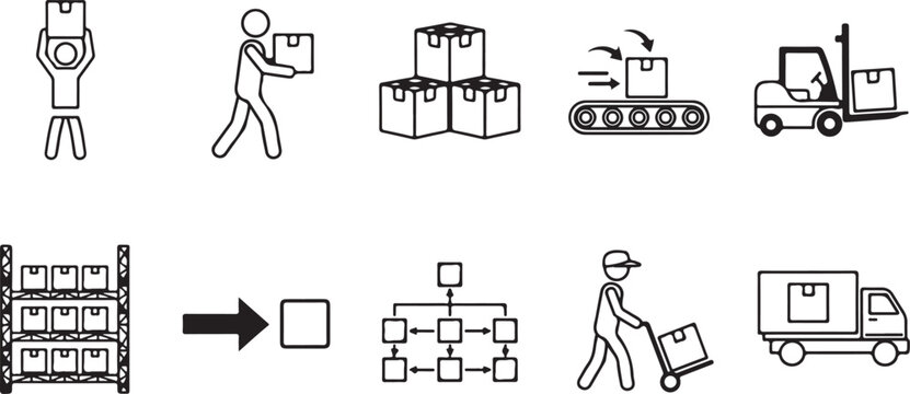 Logistic and warehouse line icon set including storage rack delivery truck forklift conveyor belt distribution center inventory symbols.