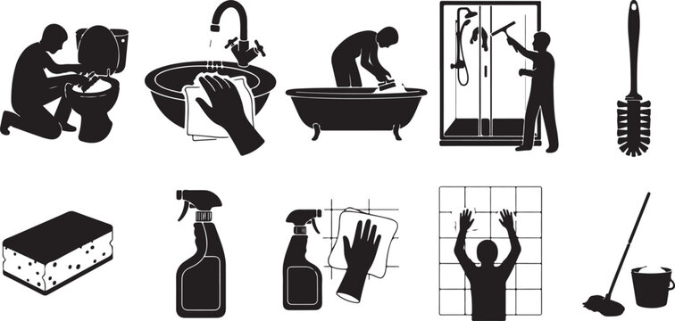 House cleaning and sanitation icons including bathroom fixtures, sprays, and sponges, vector illustration set.