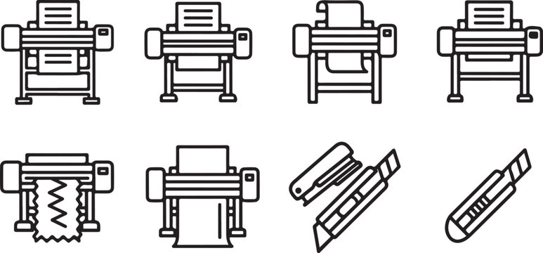 Large format printer and office equipment icons set on transparent background.