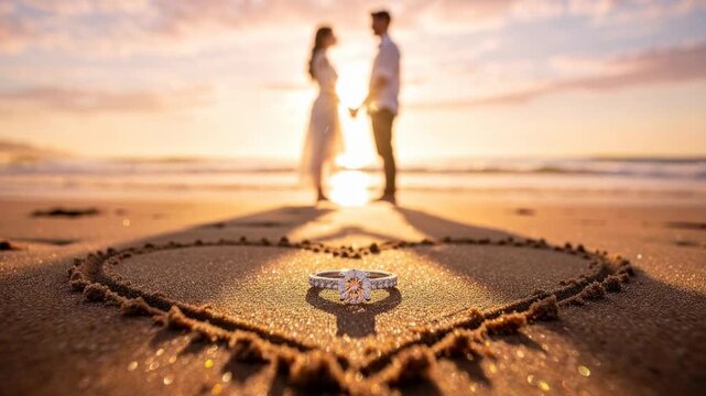 Glowing engagement ring inside heart drawn on beach sand shining with romantic couple at sunset