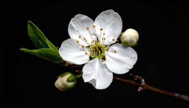 A beautiful single white cherry blossom flower blooming on a delicate branch with green leaves and closed buds against a dark black background.