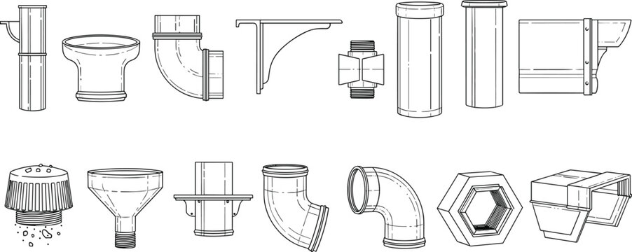 Plumbing Pipes and Fittings Icon Set with Elbows, Connectors, Drainage, and Plumbing Tools for Home Improvement, Construction, and DIY Designs